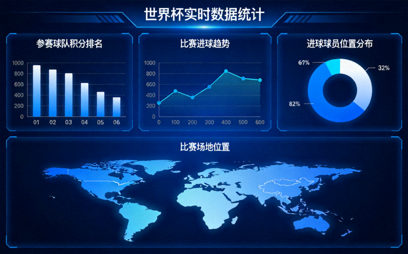世界杯实时数据统计大屏展示界面 - 包含多个数据图表与地图可视化